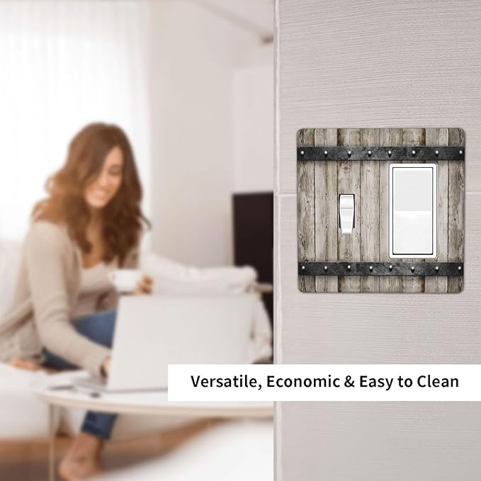 Rustic Vintage Brown Wood Plank 2 Gang Single Toggle/Rocker Combination Light Switch Cover Decorative Wall Plate Cover Electrical Faceplate Art Decor