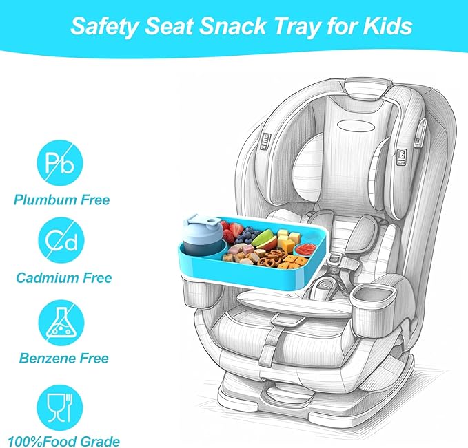 Car Seat Snack Tray for Kids, Mess-Free Square Travel Tray Cup Holder Snack Tray, Durable Car Food Tray for Toddlers, Universal Fit Kids Travel Road Trip Essentials (Sky Blue)