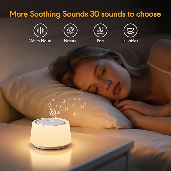 White Noise Machine with Night Light, 30 Soothing Sounds Portable Sound Machine for Baby and Adults, 10 Color Night Light, 5 Timer Options, Memory Function,Compact for Travel (White)