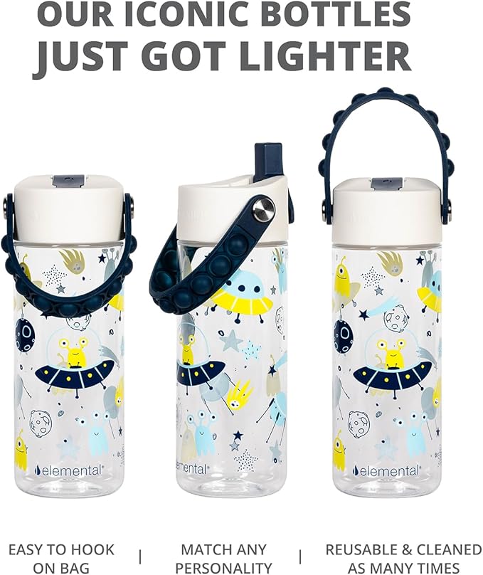 Elemental Water Bottles for Kids - Splash Kids Water Bottle for School with Pop-it Handle - BPA Free Tritan Plastic Water Bottle with Straw Leak Proof when Spout is Closed - Alien Invasion - 18oz