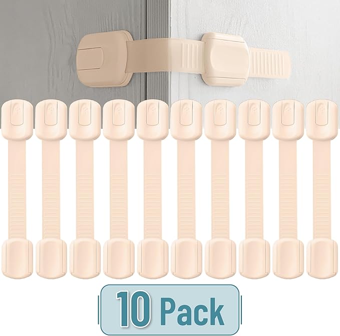 Bate- Child Safety Strap Locks, 10 Pack, Baby Locks for Cabinets, Drawers, Kitchen, Toilet, Furniture, Fridge, Multi-Purpose, Easy Install with Quick 3M Adhesive for Childproofing