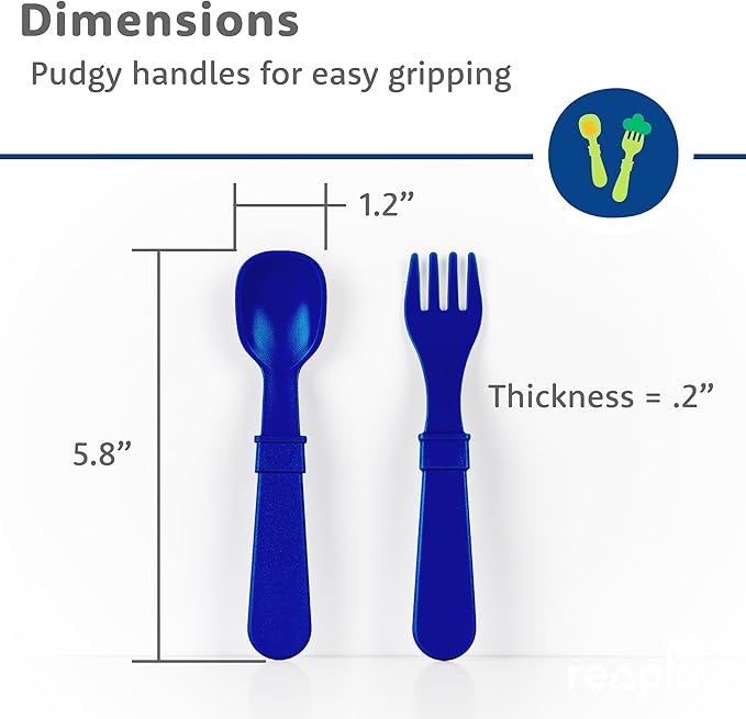 Re-play 3x3 Divided Toddler Plates and Utensils Set - Toddler Forks and Spoons Set - Dishwasher and Microwave Safe - Made in USA - True Blue