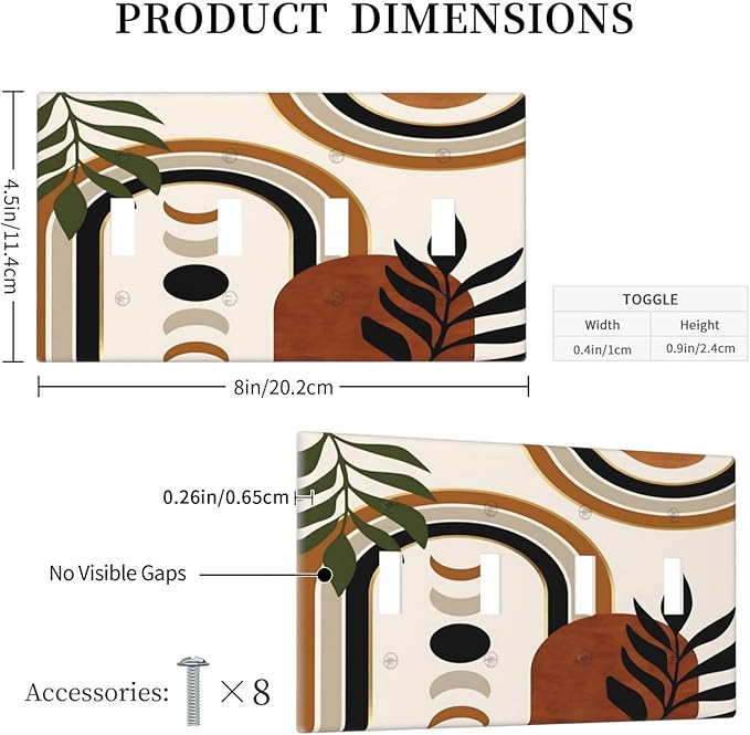 Boho Mid Century Arch Plant Leaves Sun Moon Light Switch Covers Quad Toggle Electrical Faceplate 4 Gang Wall Plate Decorative Switch Plates Cover for Bedroom Living Room Decor