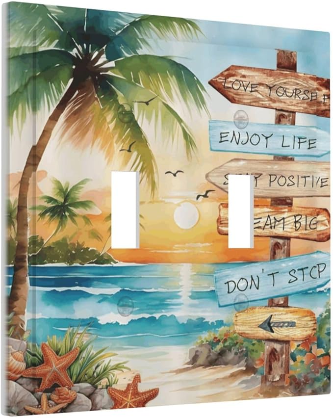 Tropical Beach Palm Tree Summer Coastal Ocean Sunset Decorative Switch Plates 2 Gang Double Toggle Outlet Light Switch Cover Wall Plate Electrical Faceplate for Bedroom Living Room Decor