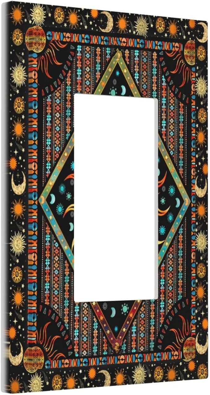 Outlet Covers Boho Burning Sun Hippie Retro Bohemian Gypsy 1 Gang Wall Plate Single Rocker Light Switch Cover Decorative GFCI Receptacle Cover Electrical Switchplate for Bathroom Home Decor