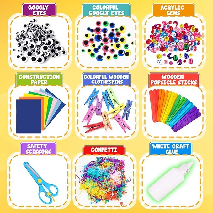 FUNZBO Arts and Crafts Supplies for Kids - Kindergarten School Craft Kit with Glitter Glue Stick, Glue, Pipe Cleaners Craft and Kids' Scissor, Birthday Gifts for Toddler Girls Boys Age 4+