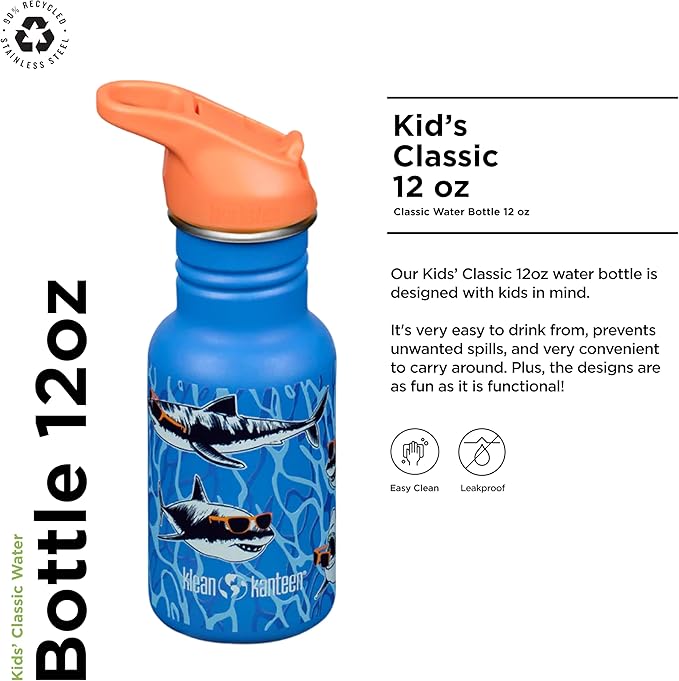 Klean Kanteen 12 oz Classic Kid's Water Bottle with Flip Seal Sport Cap & Straw - 100% Leakproof Cap - Durable Stainless Steel Material - Lightweight & Easy-Grip - BPA-Free - Sharks in Shades