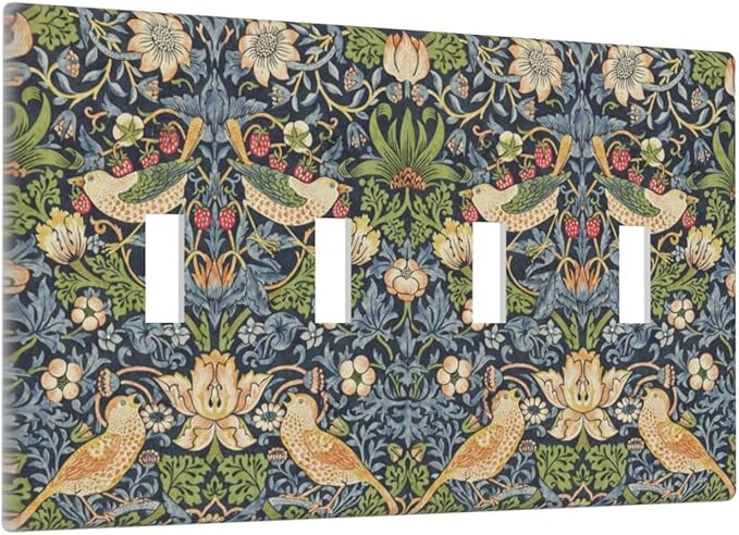 Light Switch Covers Morris Strawberry Thrush Birds Colorful Plants Quad Toggle Electrical Faceplate 4 Gang Wall Plate Decorative Switch Plates For Bed Room Living Room Decor