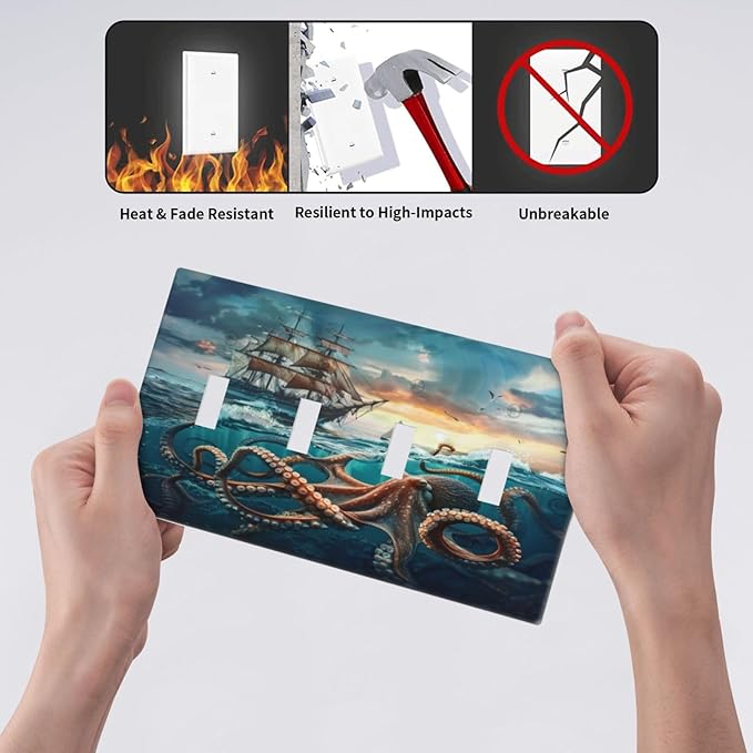 Light Switch Cover Plate Sailboat Ship Octopus Ocean Sea Waves 4 Gang Quad Toggle Decorative Switch Plates Electrical Wall Plates Faceplate for Bathroom Bedroom Decor