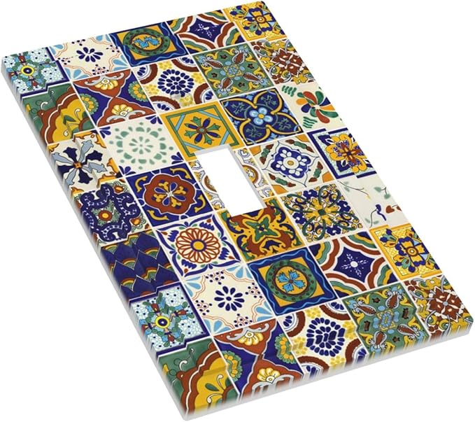 Colorful Mexican Moroccan Boho Tiles Single Toggle Outlet Light Switch Cover Kitchen Yellow/Blue Mosaic Ceramic Talavera Bohemia Tile Decorative One Device 1-Gang Electrical Switch Face Wallplate