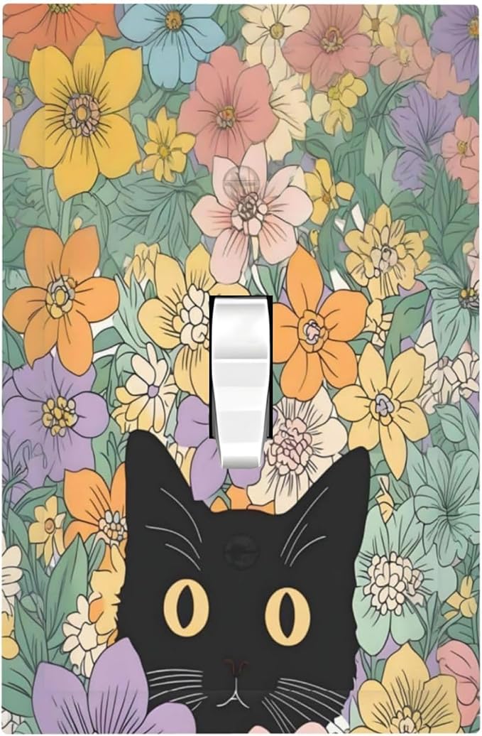 Decorative Light Switch Cover Funny Cute Cartoon Cat Floral Colorful Flower 1 Gang Single Toggle Device Electrical Faceplate Switchplates Decorator Outlet Wall Plate For Kids Room Nursery