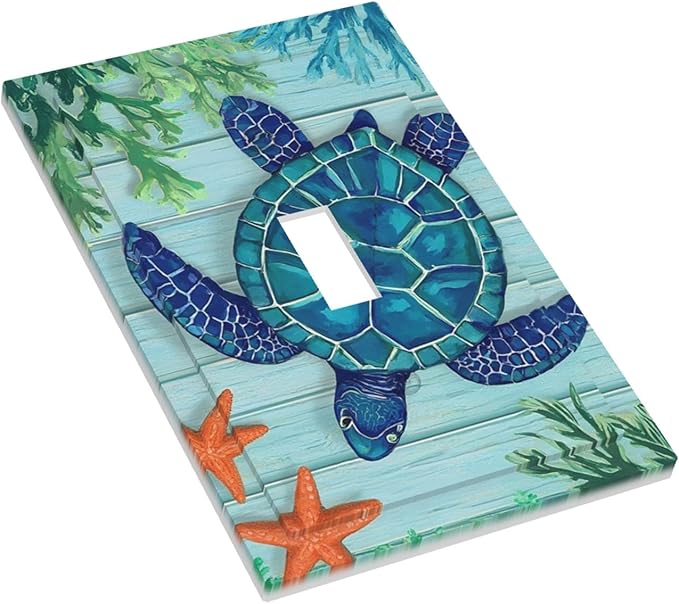 Coastal Sea Turtle 1-Gang Toggle Light Switch Plate, Mosaic Starfish Nautical Ocean Theme Decorative Wall Plate for Coastal Homes