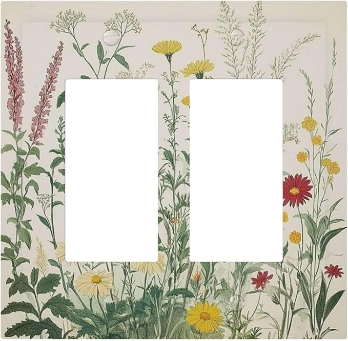 Rustic Wildflower Green Plants Daisy Floral Decorative Outlet Covers 2 Gang Double Gfci Rocker Electrical Wall Panels Light Switch Cover Plate For Farmhouse Bed Room Decor