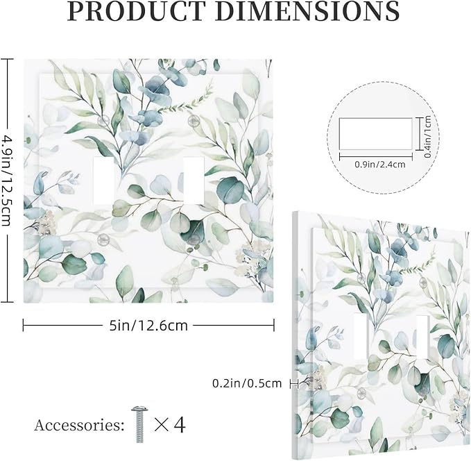 Watercolor Spring Eucalyptus Green Saga Boho Leaf Plant Botanical Floral Wild Flower Decorative 2-Gang Double Toggle Outlet Light Switch Wall Plate Electrical Receptacle Faceplate Cover Jumbo Size