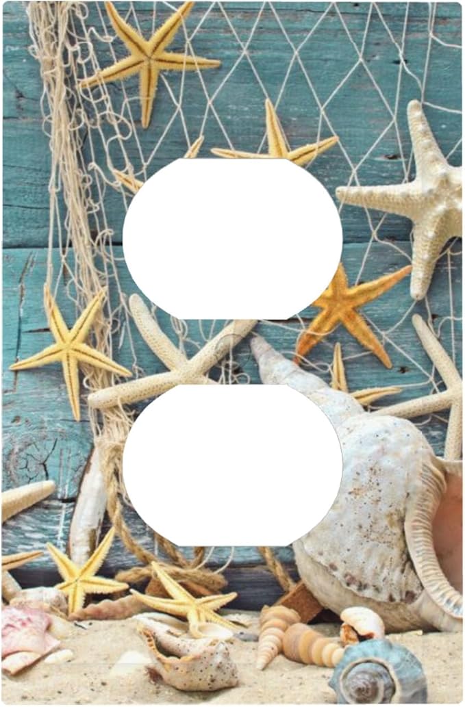 Rustic Coastal Seashell Duplex Wall Plate - 1-Gang Standard US Size Fisherman's Catch Beach Scene Outlet Covers for Bathroom Decor