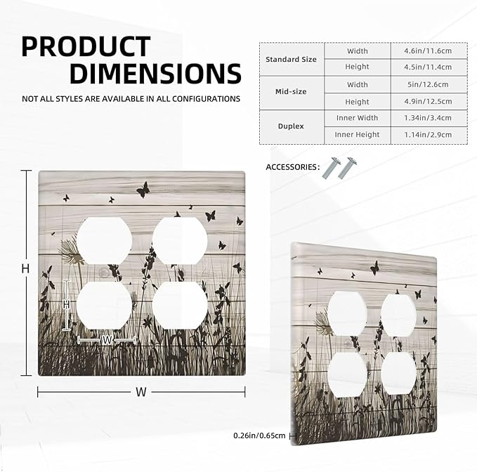 Wildflower Butterfly Grass Dandelion Vintage Wooden Print Outlet Covers 2 Gang Double Duplex Decorative Light Switch Covers Electrical Wallplates Socket Faceplate for Farmhouse Home Decor