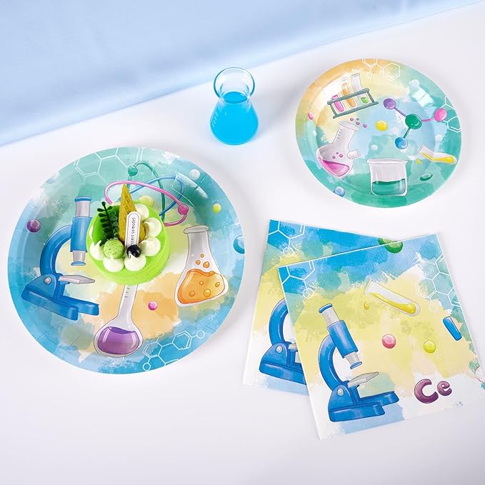 WERNNSAI Science Party Decorations - 48 Pcs Science Plates and Napkins Mad Scientist Birthday Decoration Chemistry Party Plates Set Little Scientist Labratory Favors Serves 16 Guests