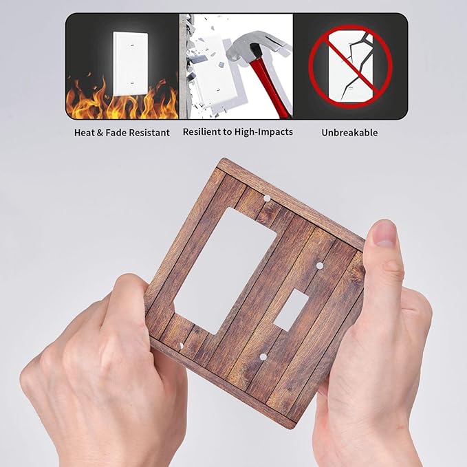 Decorative Toggle Switch Cover Plate with Wood Grain Rustic Brown Design 2-Gang 1-Gang Wall Plate Light Switch Cover Vintage Outlet Covers Kitchen/Bedroom