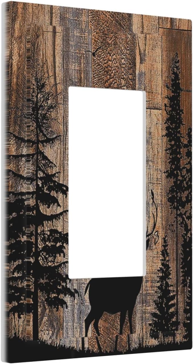 Decorative Outlet Covers Rustic Forest Antler Elk Deer Silhouettes Animals Wood Grain 1 Gang Single Rocker Light Switch Cover Plate Wall Plates GFCI Faceplate for Farmhouse Home Decor