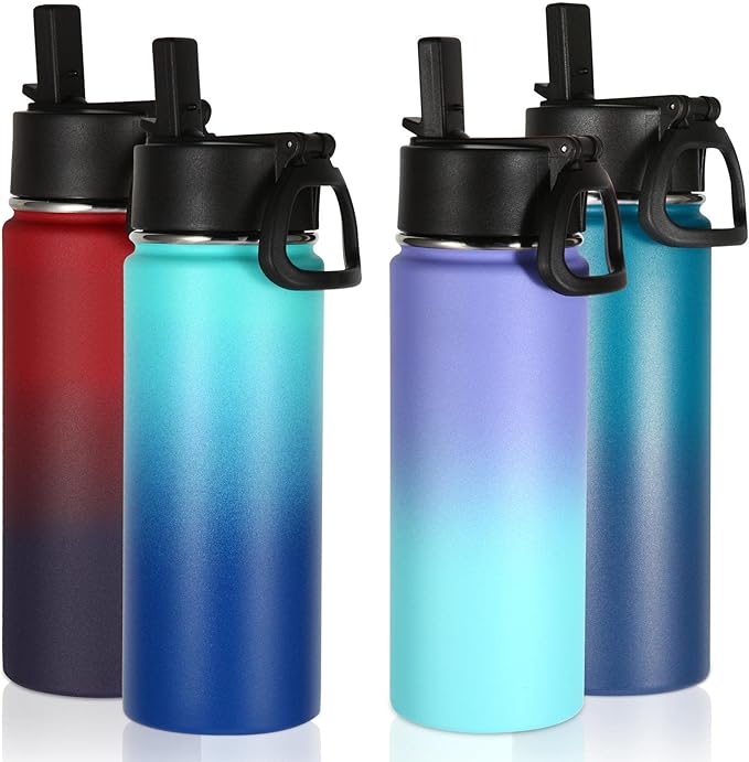 Volhoply 18oz Insulated Water Bottle Bulk 4 Pack,Kids Stainless Steel Water Bottles with Straw,Double Wall Vacuum Reusable Metal Bottle,Wide Mouth Sports Flask For Cold Drink(Assorted,4 Set)