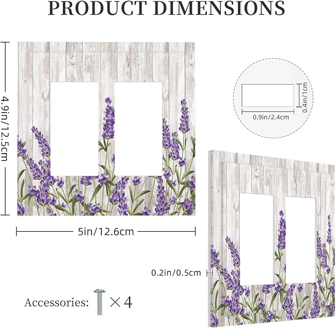 Purple Lavender Rustic Wooden Flowers Floral Plant Decorative Outlet Covers 2 Gang Double GFCI Rocker Electrical Wall Panels Light Switch Cover Plate for Farmhouse Living Room Decor