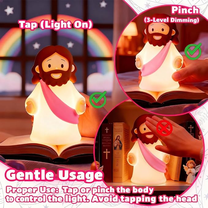 Jesus Night Light Rechargeable Bedside Night Light Dimmable Silicone LED Light Ideal for Religious Gatherings, Gifts for Sunday School, Baptism Presents, Easter Egg Decorations (Pink)