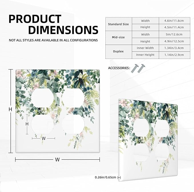 Colorful Plant Flower Sage Eucalyptus Leaves Outlet Covers 2 Gang Double Duplex Decorative Light Switch Covers Electrical Wallplates Socket Faceplate for Bedroom Living Room Decor