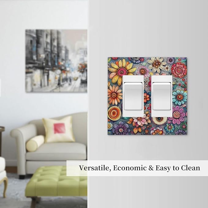 Decorative Outlet Covers Colorful Rainbow Pointillisme Flower 2 Gang Double Gfci Rocker Electrical Wall Panels Light Switch Cover Plate For Bed Room Home Decor