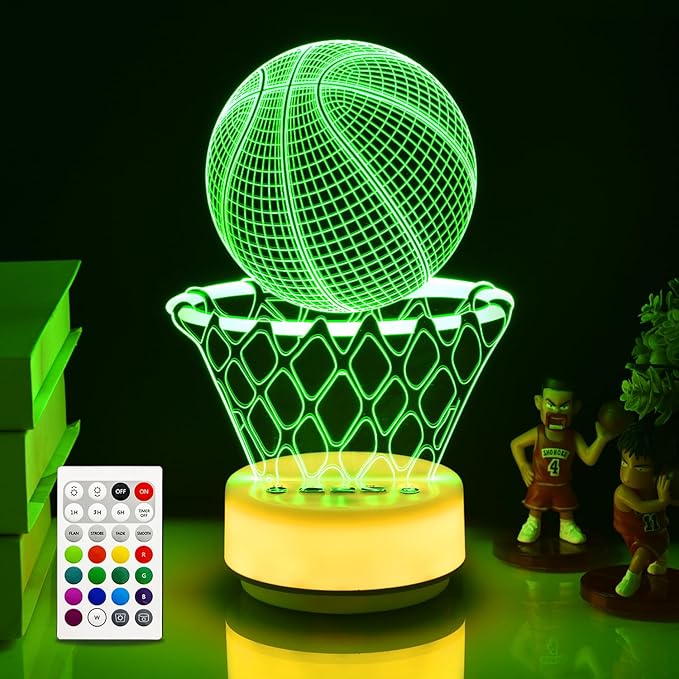 Basketball Night Light for Kids, Basketball Gift for Sports Players Fans, Decor Bedside Lamp for Bedroom/Office, 5 Buttons and Remote Control 14 Colors, Timer, Dim, Independent Warm White Lamp Base