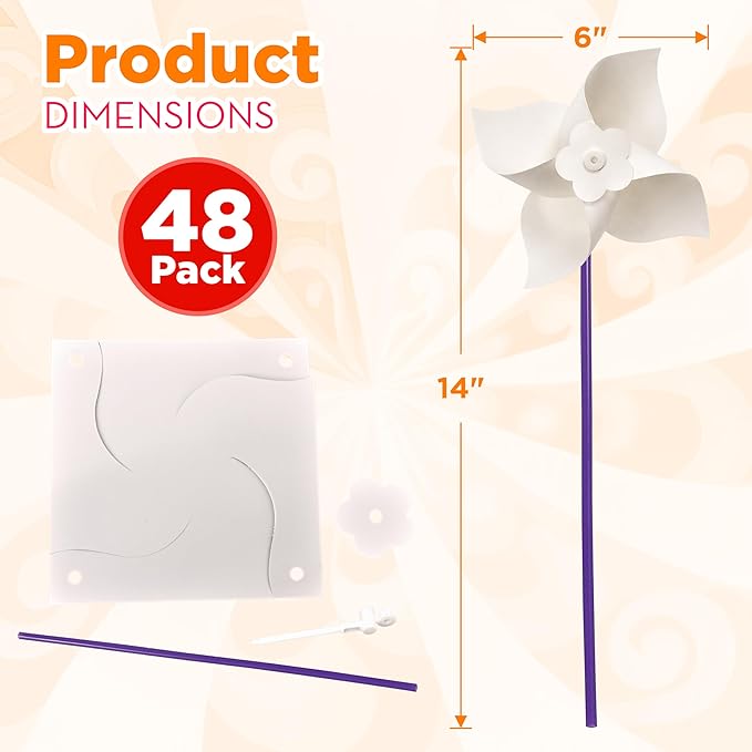 4E's Novelty 24 Pack DIY Pinwheels Craft for Kids, Bulk Summer Pinwheel Craft Kit, Color Your Own Paper Windmill for Pinwheels for Kids Bulk Spring Craft for Kids Easter Art Games