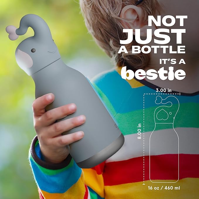 asobu Bestie Bottle Insulated Stainless Steel Water Bottle with Detachable Soft Animal Head Fun Drinking For Kids and Teens with Flexible Reusable Straw 16 Ounce (Elephant)