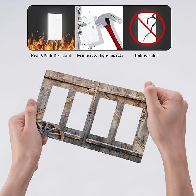 Wood Garage Barn Door Cabin 4 Gang Quad Rocker/GFCI/Decorator Light Switch Cover Plate Decorative Electric Faceplate Decorative Switchplate Screwless