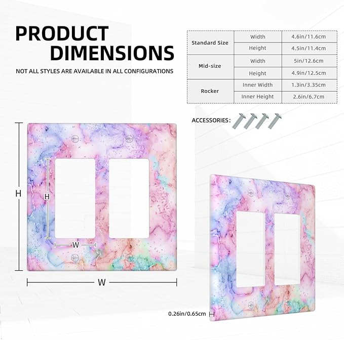 Decorative Switch Plate Covers Cute Marble Texture 2 Gang Double Rocker Decora Light Switch Cover Pink Purple Gold Abstract Dual Outlet Wall Plate Electrical Faceplate GFCI for Kids Girls Nursery
