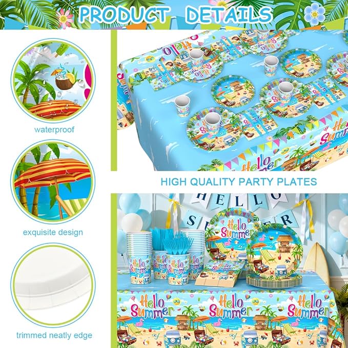 AIBIIN 145PCS Hello Summer Party Decorations Summer Beach Paper Plates Cups and Napkins Sets Hawaiian Theme Party Supplies Disposable Tableware Set with Tablecloth Serves 24 Guests
