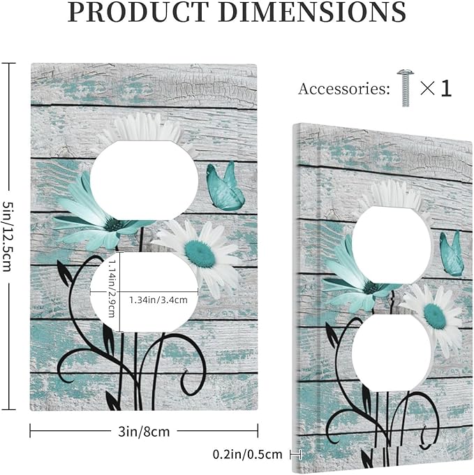 Teal White Daisy Flower Butterfly On Rustic Wood Board Outlet Covers 1 Gang Duplex Light Switch Cover Decorative Switch Plates Electrical Receptacle Faceplate Wall Plate for Farmhouse Bedroom Decor