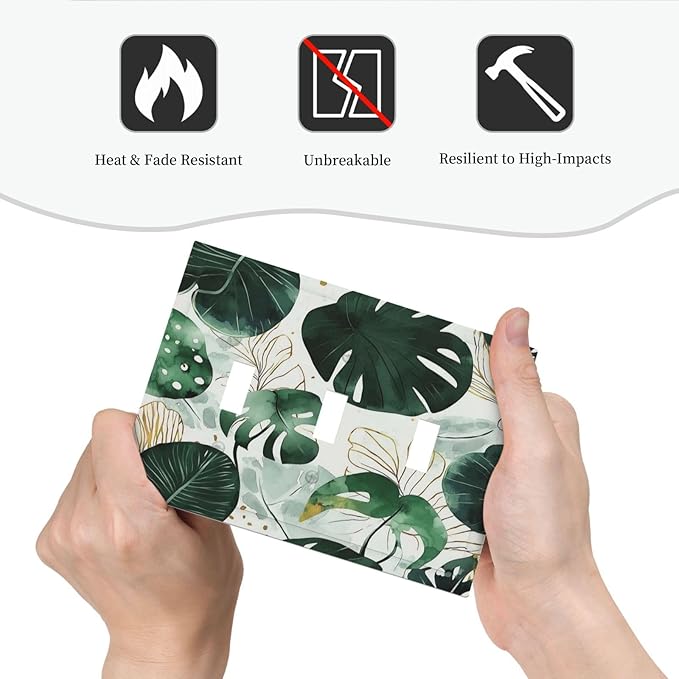Boho Tropical Green Leaf Watercolor Banana Leaves Decorative Switch Plates 3 Gang Wall Plate Triple Toggle Light Switch Cover Faceplate Electrical Wall Panels For Bed Room Living Room Decor
