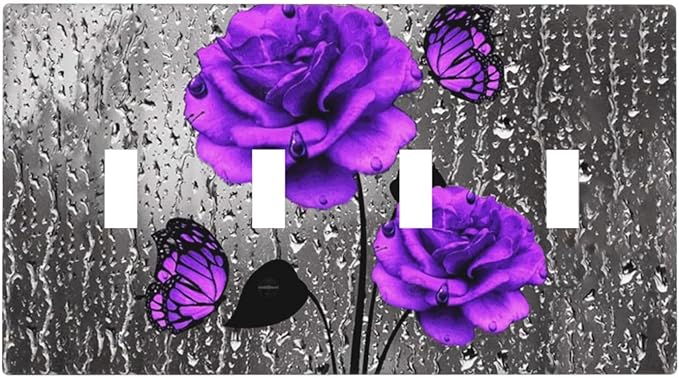 Romantic Purple Butterfly Rose Flower Decorative 4 Gang Quad Toggle Light Switch Cover Electric Large Size Quadruple Faceplate Decorative Switch Face Wallplate