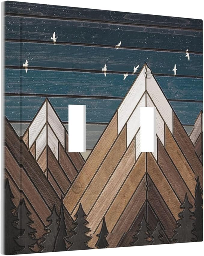 Rustic Geometric Mountain Wilderness Wood 2 Gang Light Switch Cover Plate Double Toggle Wall Plate Decorative Outlet Cover Electrical Faceplate Switchplate for Bedroom Bathroom Kitchen Decor