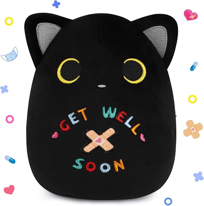 Black Cat Plush, 8 inch Get Well Soon Stuffed Cat Plushie Feel Better Gift Get Well Gift for Kids Women, Cute Plushies Huggable Kitten Pillow for After Surgery Recovery, Cat Lover Gifts