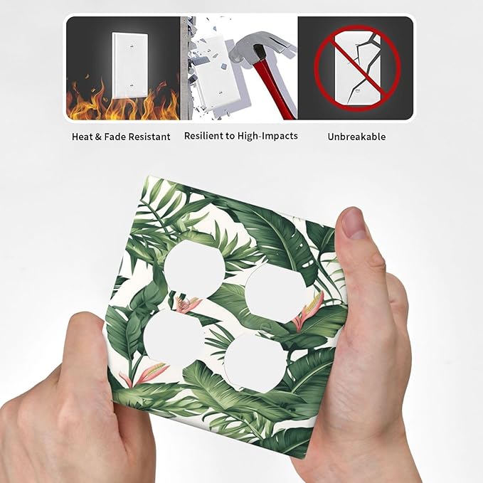 Tropical Leaf Jungle Botanical Palm Tree Greenery Floral Outlet Covers 2 Gang Double Duplex Decorative Light Switch Covers Electrical Wallplates Socket Faceplate for Bedroom Living Room Decor