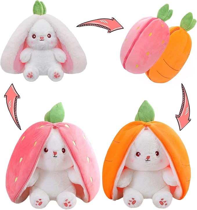 MIAODAM Cuddly Bunny Stuffed Animal, Kawaii Squishy Cute Easter Bunny Plush Turn Into Rabbit Fruit Doll Carrot Strawberry Pillow, Plushies Funny Bunny Toy for Baby
