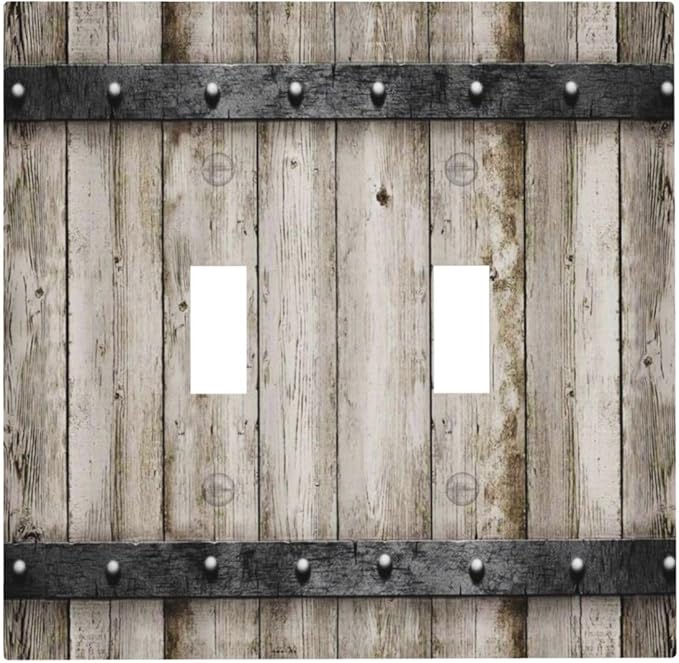 Old Western Farmhouse Barn Door Rustic Country Vintage Brown Gray Wooden Wood Cabin 2 Gang Electrical Double Toggle Outlet Light Switch Wall Plate Decorative Receptacle Face Switchplate Cover Mid Size