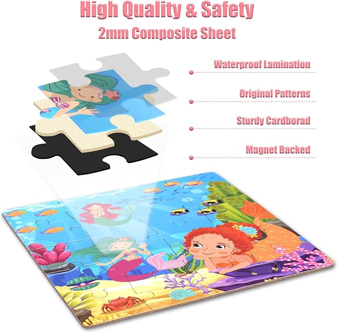 Magnetic Puzzles for Kids 3-5, 3-in-1 Princess Unicorn Mermaid Travel Puzzles for Kids Ages 4-6, Car Airplane Road Trip Activities Toys, Easter Day Gifts for Girls