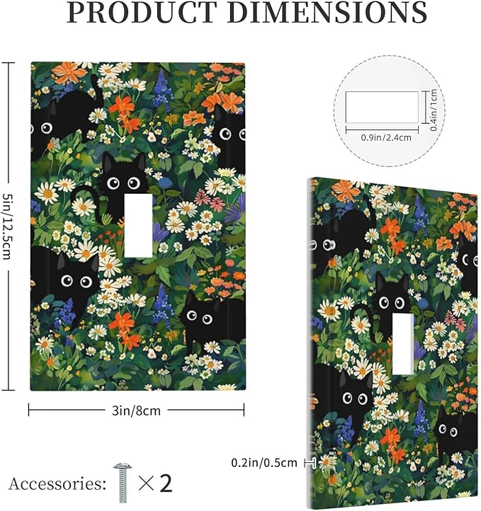 Boho Cute Black Cats Decorative Light Switch Cover 1-Gang Cartoon Kids Girl Green Floral Flowers Aesthetic Animal Single Toggle Wall Plate Electrical Device Outlet Switch Faceplate Cover Jumbo Size