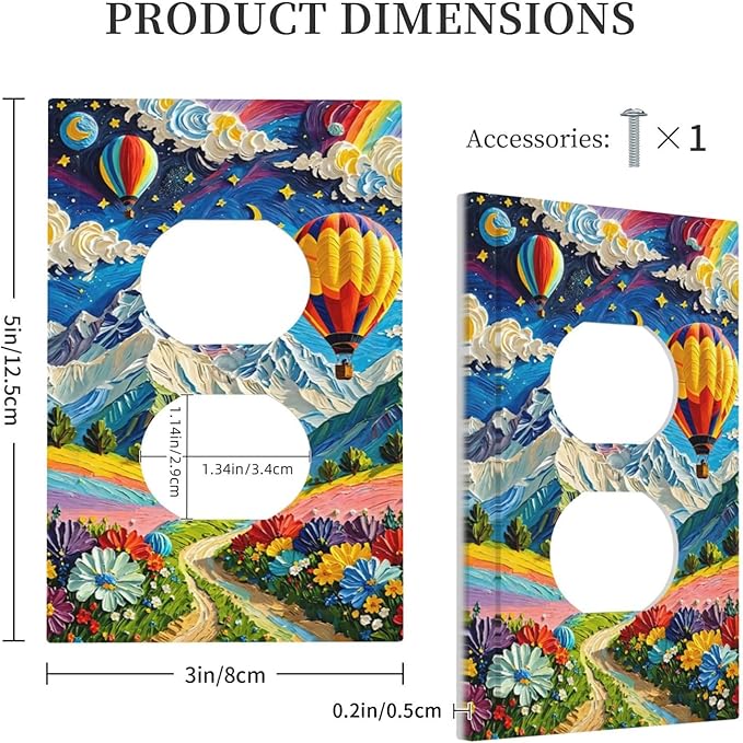 Hot Air Balloons Floral Vibrant Colors Flowers Mountains Stars Moon Outlet Covers 1 Gang Duplex Electrical Receptacle Faceplate Light Switch Cover Wall Plate Decorative Switch Plates for Bedroom