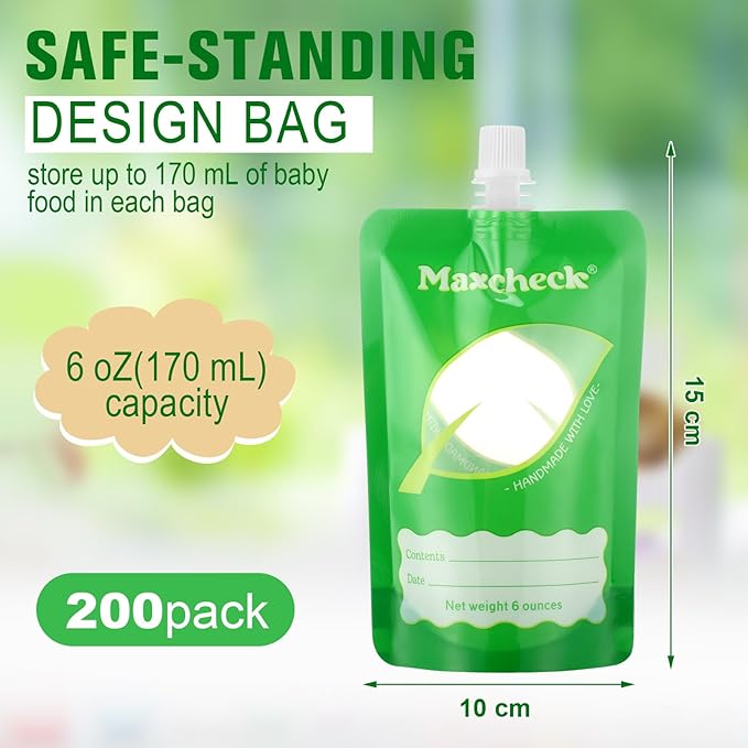 Maxcheck 200 Pack Disposable Baby Food Pouches 6oz Baby Food Storage Containers Plastic Fresh Squeezed Pouches for Kids Toddler Freezer Safe Pouch Holder for Applesauce, Purees and Yogurts