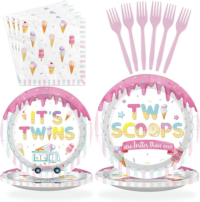 96Pcs Twins Baby Shower Decorations Ice Cream Twin Birthday Plates and Napkins Two Scoops are Better Than One Tableware Set for Twins Girls Boys Baby Shower Party Supplies Serves 24