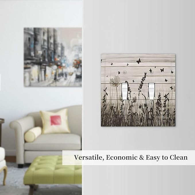 Wildflower Butterfly Grass Dandelion Vintage Wooden Print Decorative Switch Plates 2 Gang Double Toggle Outlet Light Switch Cover Wall Plate Electrical Faceplate for Farmhouse Home Decor