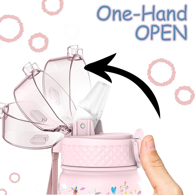 Kids Water Bottle, GOPPUS 14 oz Insulated Water Bottle with Straw, Double Vacuum Leakproof, BPA Free, for Boys and Girls,Pink Unicorn
