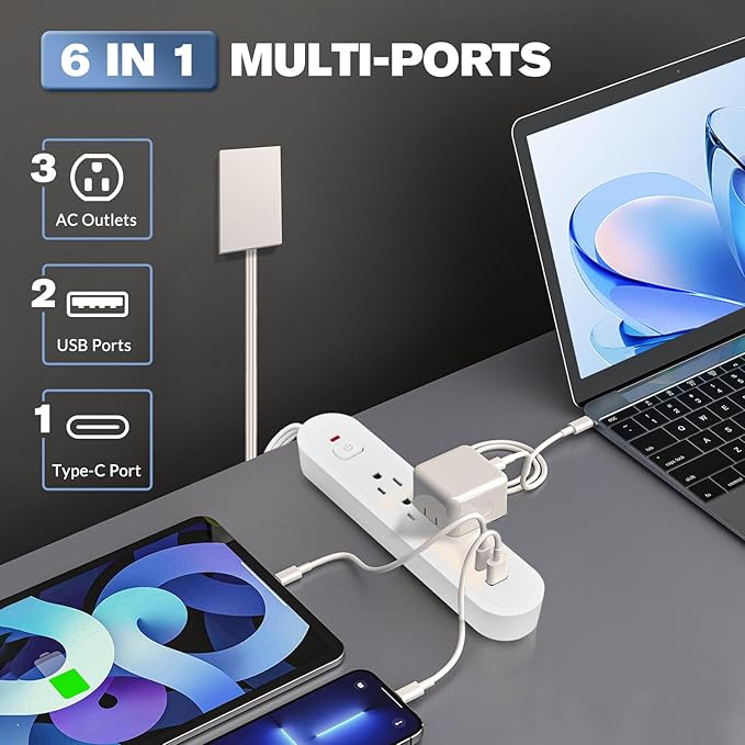 Sakerplus Outlet Concealer Power Strip-Outlet Cover Extender Outlets-8ft Flat Plug Extension Cord,Universal Size,1625W for Kitchen, Home and Office (8ft (Multi Ports,3 AC,2 USB&Type-C))